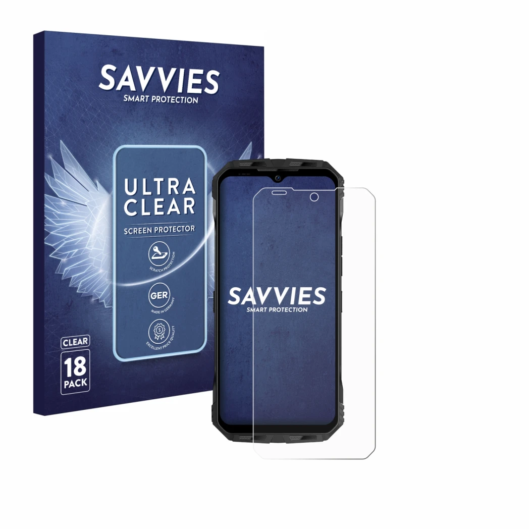 Parte frontale di una confezione del prodotto con il logo del marchio Savvies. Accanto è raffigurato il dispositivo Doogee V30
