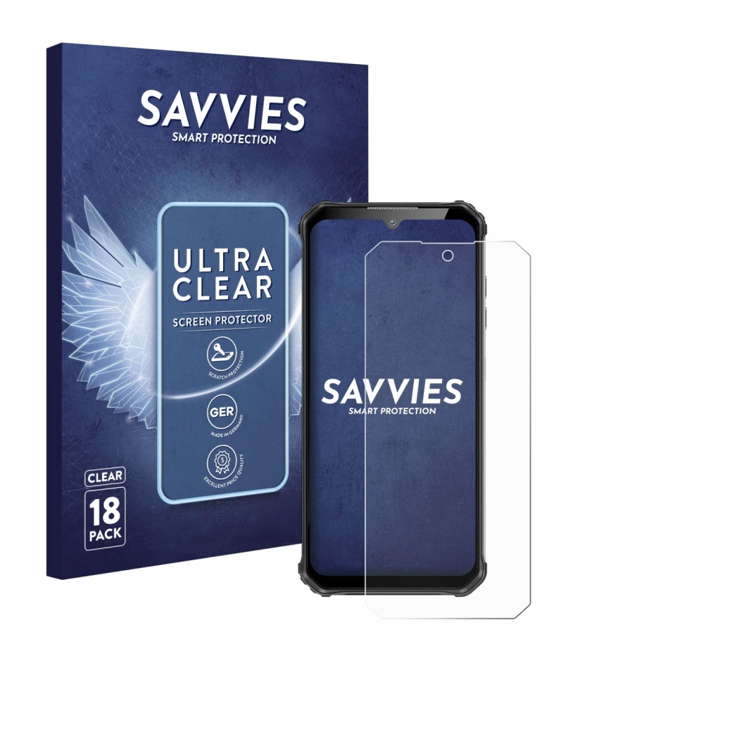 Parte frontale di una confezione del prodotto con il logo del marchio Savvies. Accanto è raffigurato il dispositivo Oukitel WP