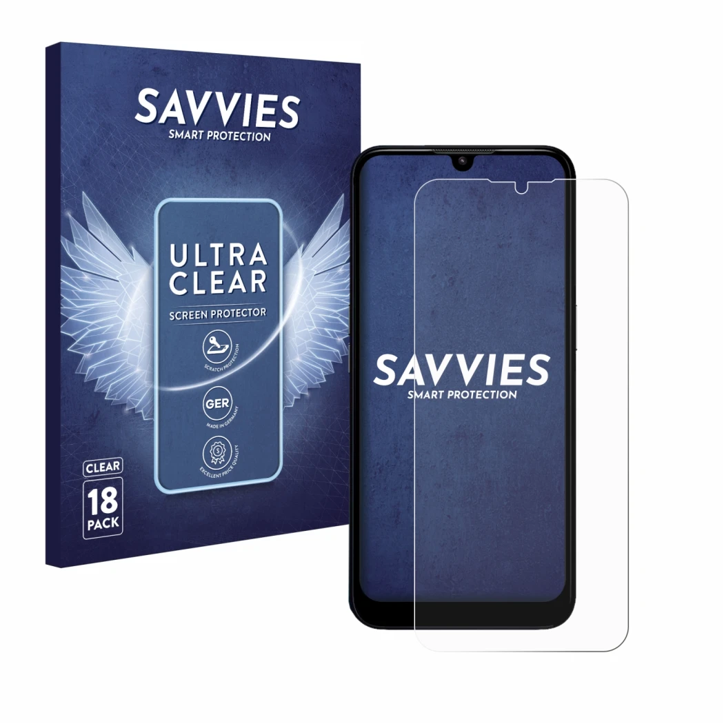 Parte frontale di una confezione del prodotto con il logo del marchio Savvies. Accanto è raffigurato il dispositivo Doro 8200 