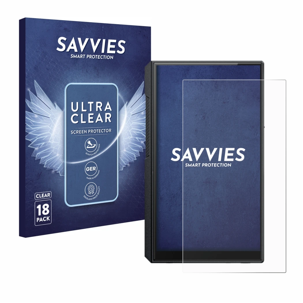 Parte frontale di una confezione del prodotto con il logo del marchio Savvies. Accanto è raffigurato il dispositivo FiiO M11s 
