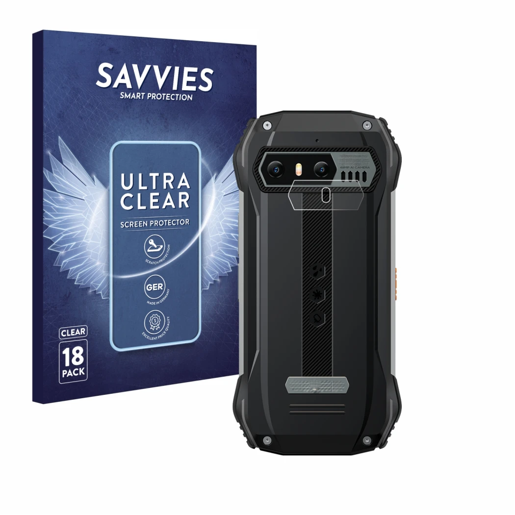 Parte frontale di una confezione del prodotto con il logo del marchio Savvies. Accanto è raffigurato il dispositivo Blackview 