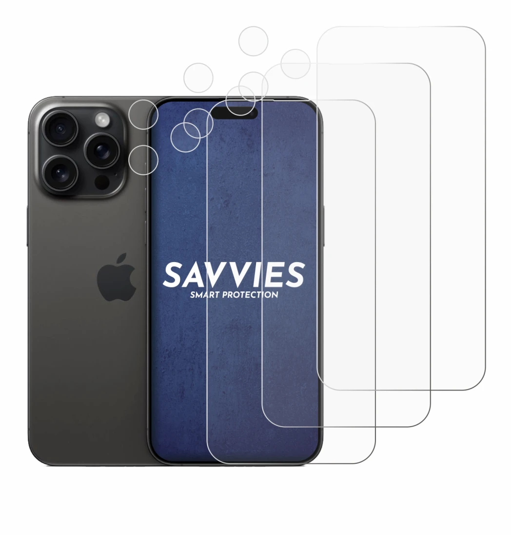 Immagine del dispositivo Apple iPhone 15 Pro Max (Fronte+Fotocamera) con un'ampia varietà di protezioni per lo schermo.