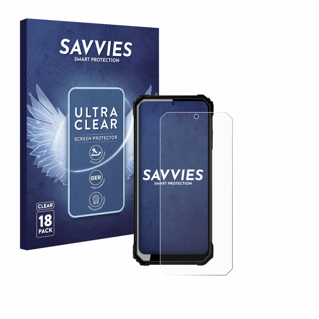 Parte frontale di una confezione del prodotto con il logo del marchio Savvies. Accanto è raffigurato il dispositivo Oukitel WP