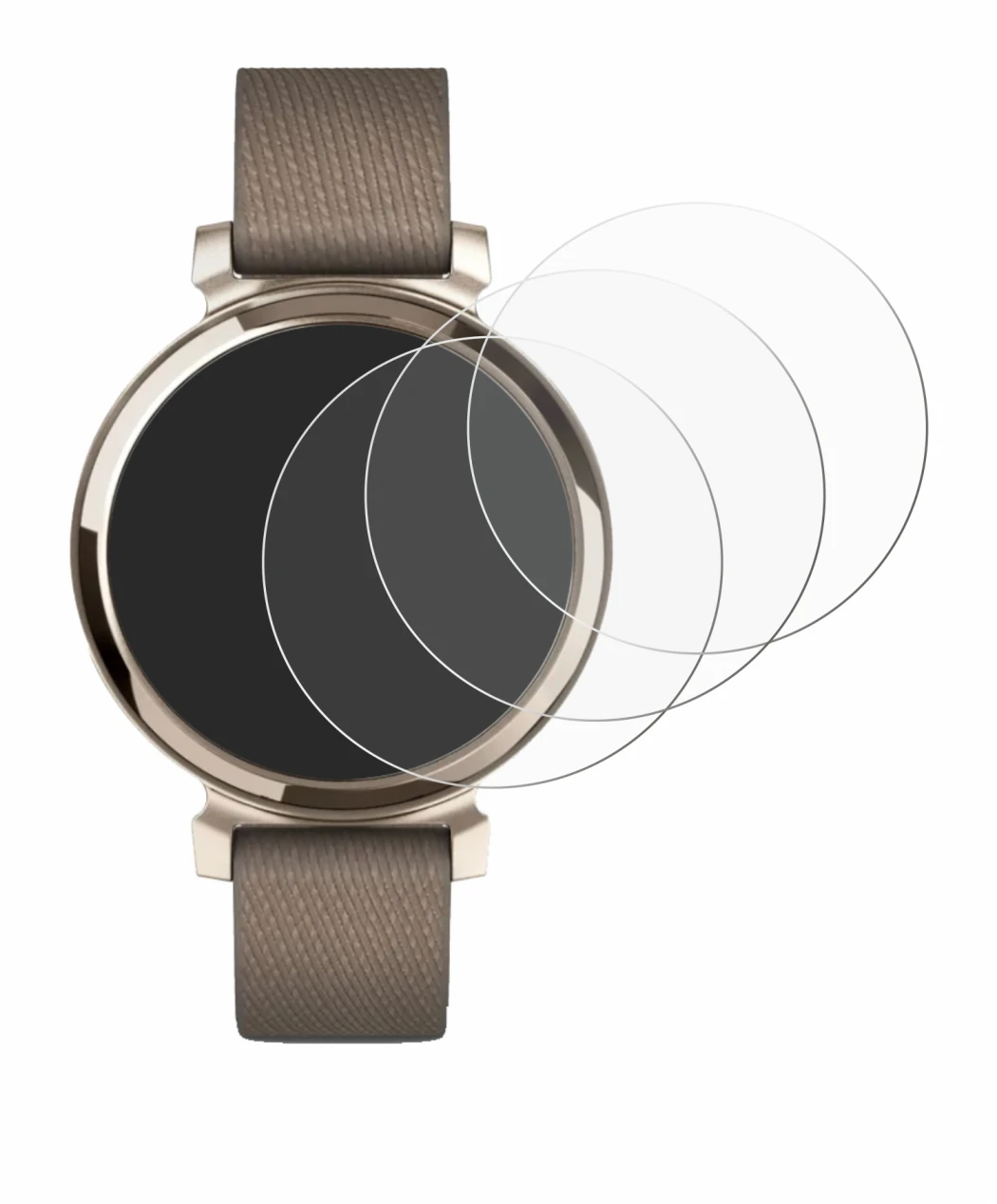 Immagine del dispositivo Garmin Lily 2 con un'ampia varietà di protezioni per lo schermo.