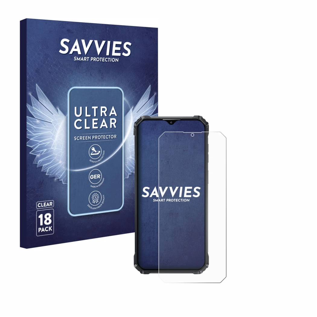 Parte frontale di una confezione del prodotto con il logo del marchio Savvies. Accanto è raffigurato il dispositivo Oukitel WP
