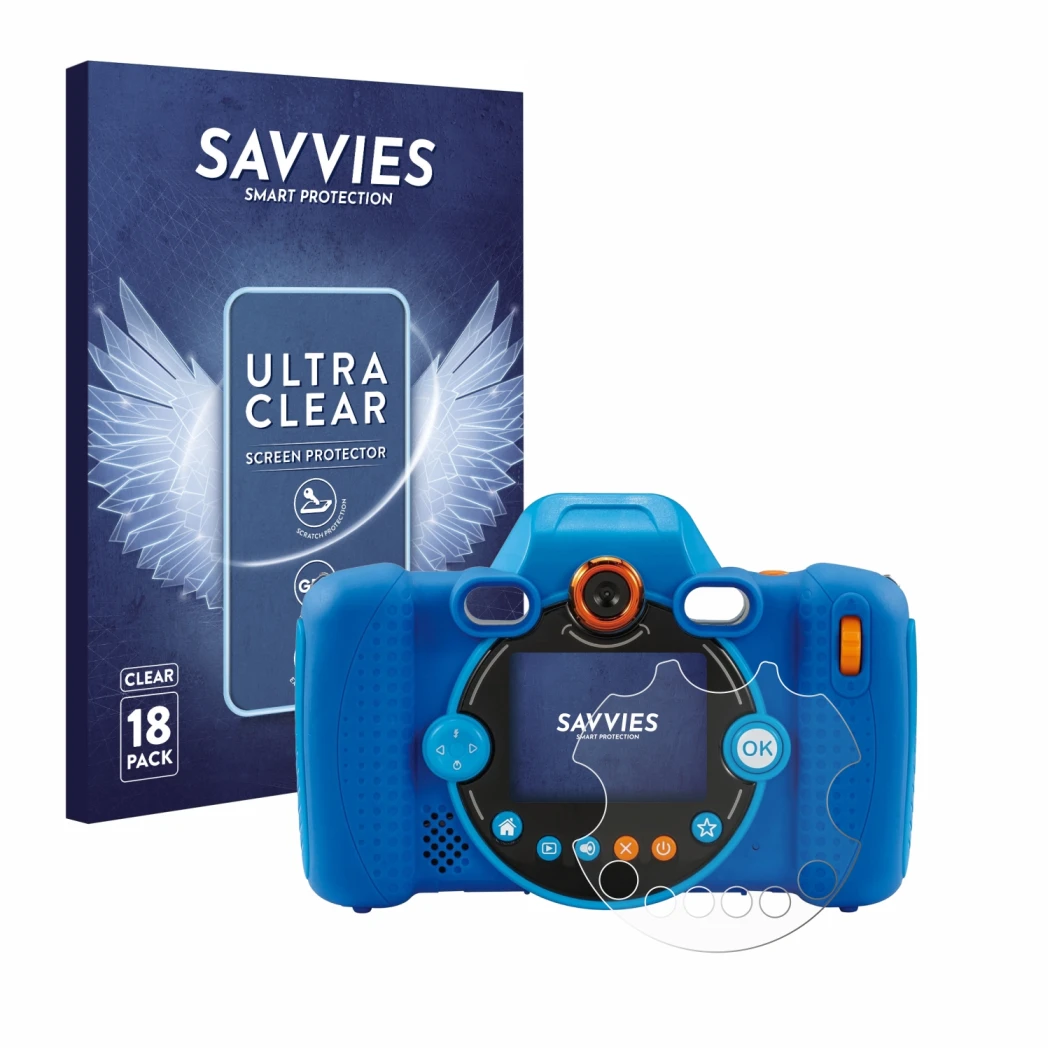 Parte frontale di una confezione del prodotto con il logo del marchio Savvies. Accanto è raffigurato il dispositivo Vtech Kidi