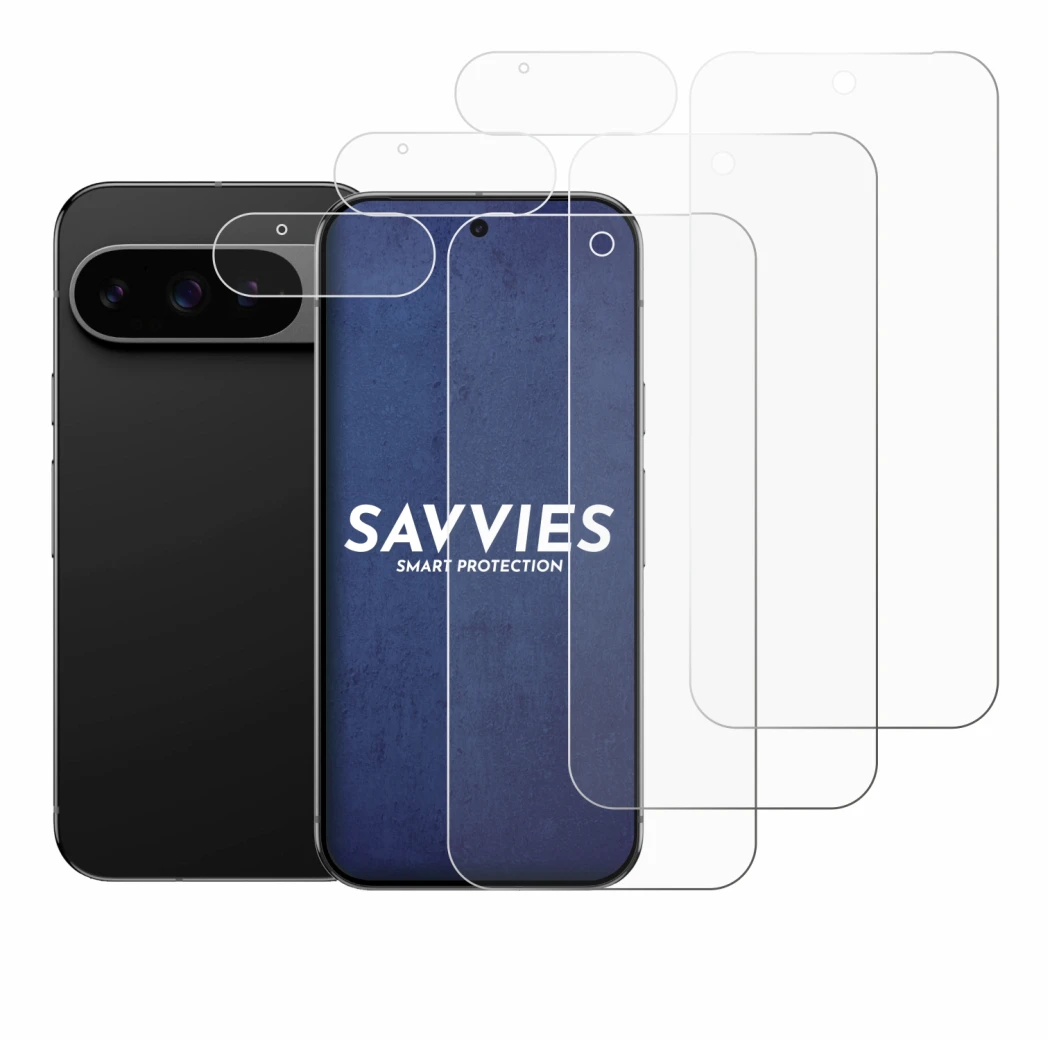 Immagine del dispositivo Google Pixel 9 Pro (Fronte+Fotocamera) con un'ampia varietà di protezioni per lo schermo.