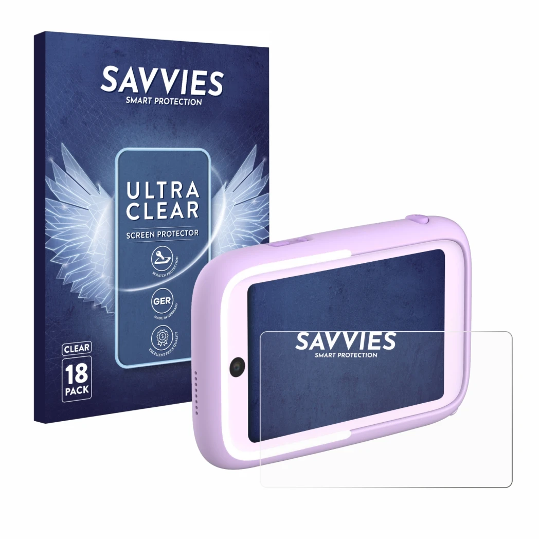 Parte frontale di una confezione del prodotto con il logo del marchio Savvies. Accanto è raffigurato il dispositivo Myfirst Ca