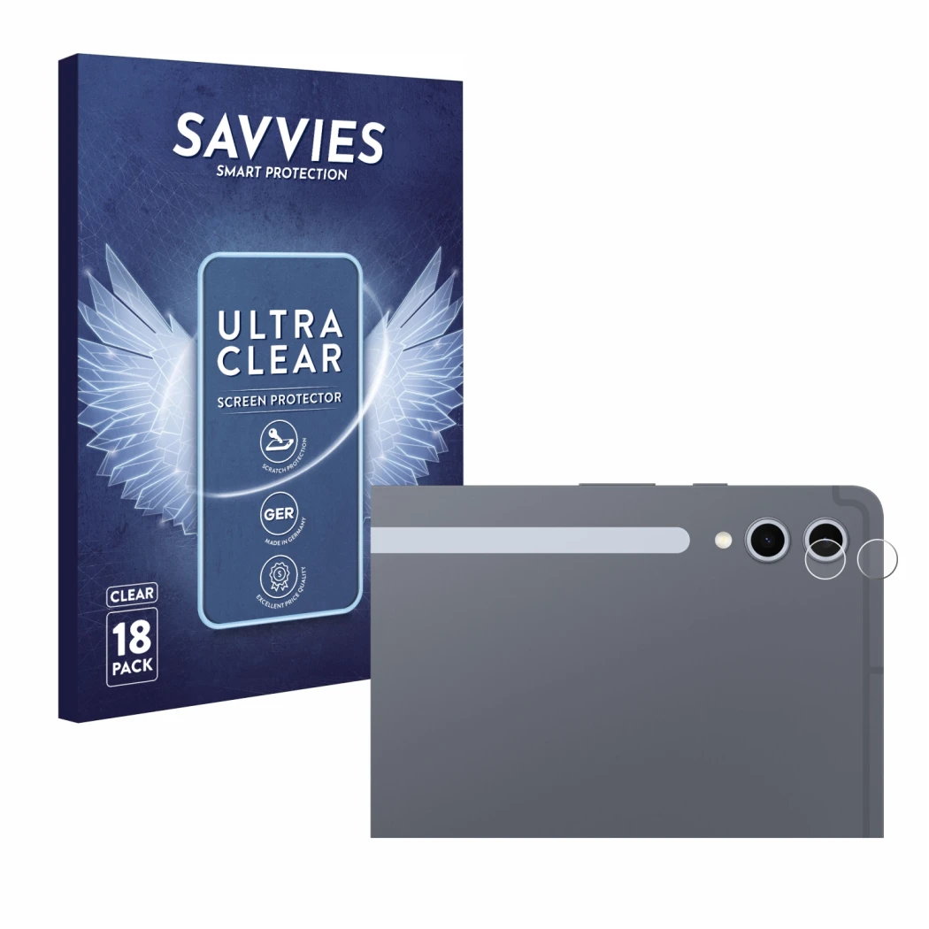 Parte frontale di una confezione del prodotto con il logo del marchio Savvies. Accanto è raffigurato il dispositivo Samsung Ga