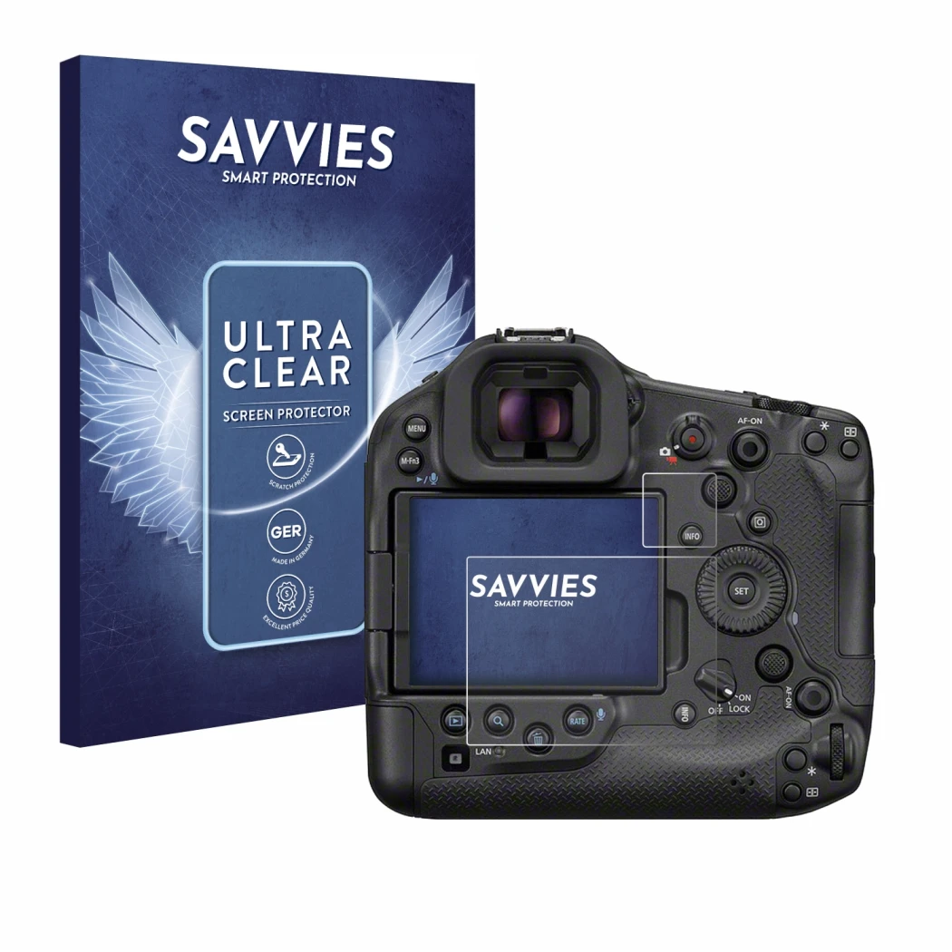 Parte frontale di una confezione del prodotto con il logo del marchio Savvies. Accanto è raffigurato il dispositivo Canon EOS 