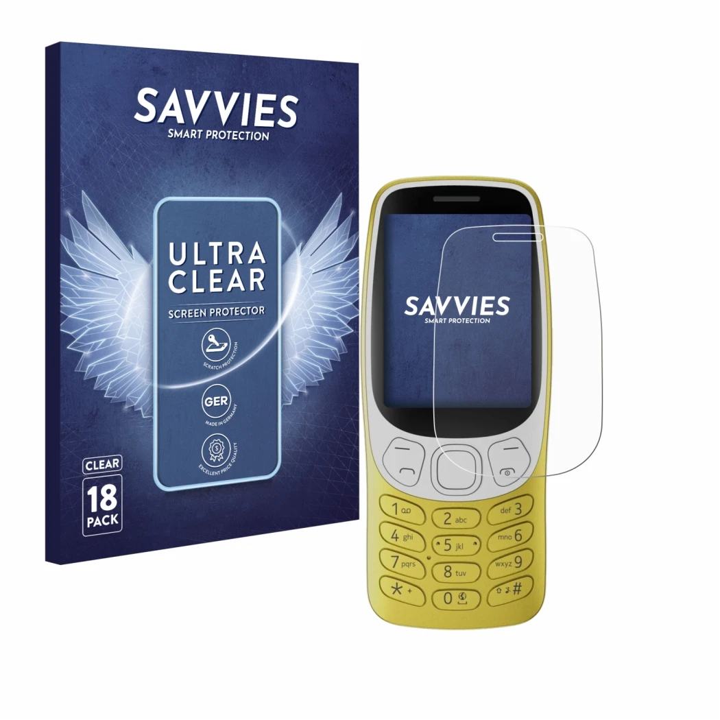 Parte frontale di una confezione del prodotto con il logo del marchio Savvies. Accanto è raffigurato il dispositivo Nokia 3210