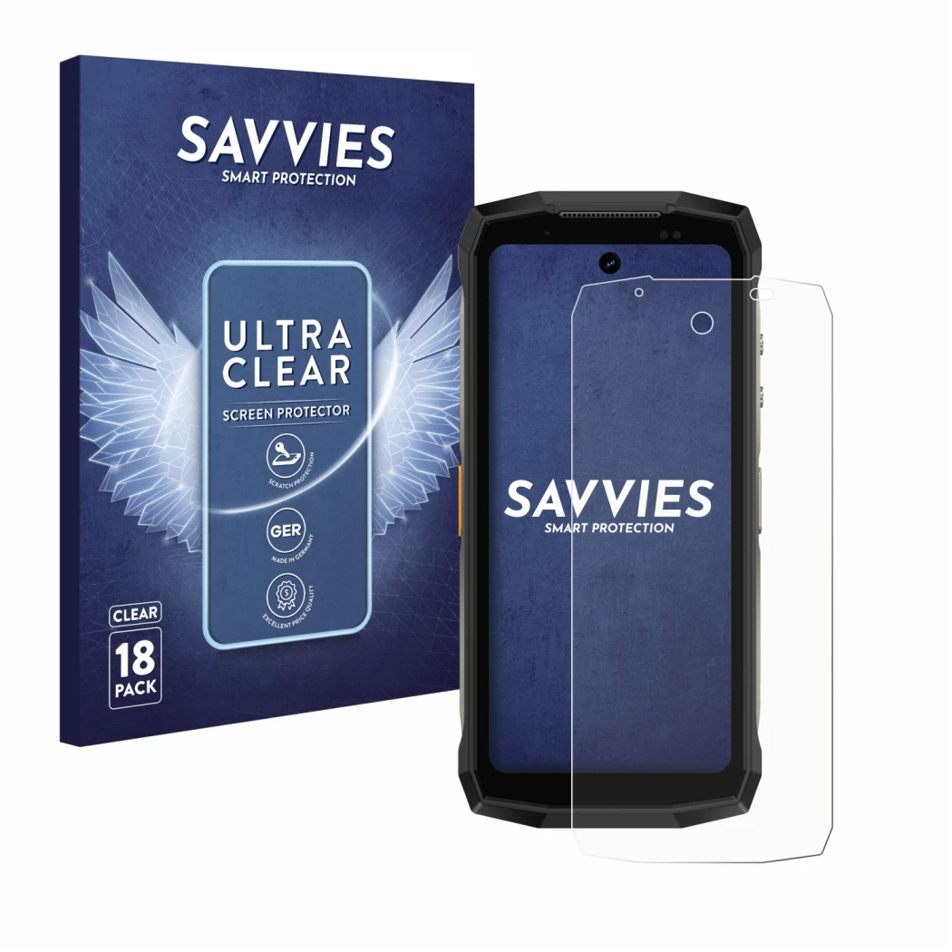 Parte frontale di una confezione del prodotto con il logo del marchio Savvies. Accanto è raffigurato il dispositivo Ulefone Ar