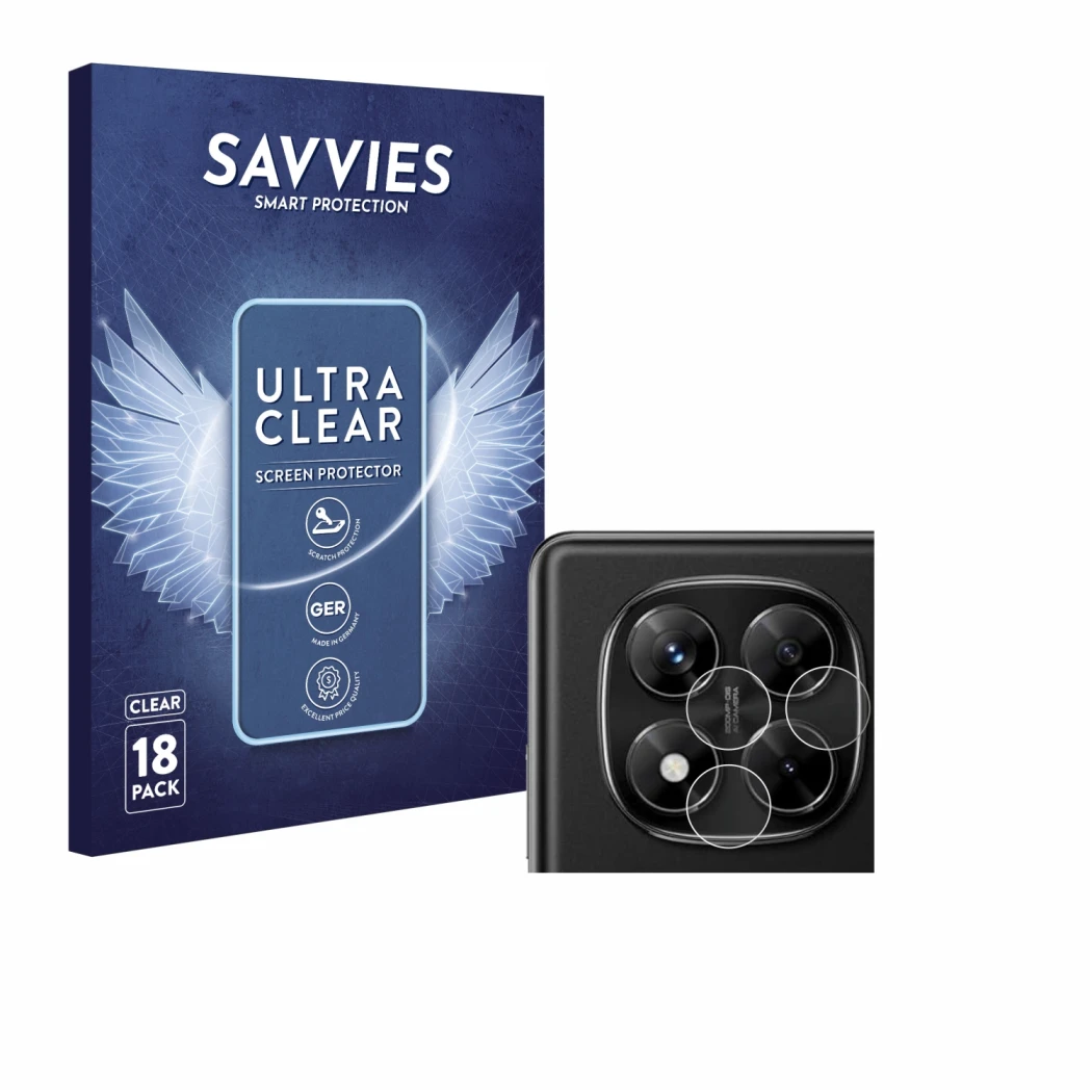 Parte frontale di una confezione del prodotto con il logo del marchio Savvies. Accanto è raffigurato il dispositivo Xiaomi Red