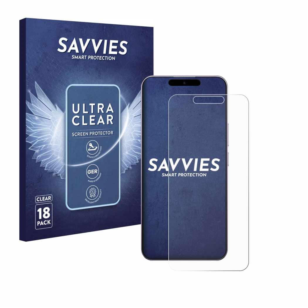 Parte frontale di una confezione del prodotto con il logo del marchio Savvies. Accanto è raffigurato il dispositivo Oukitel P1