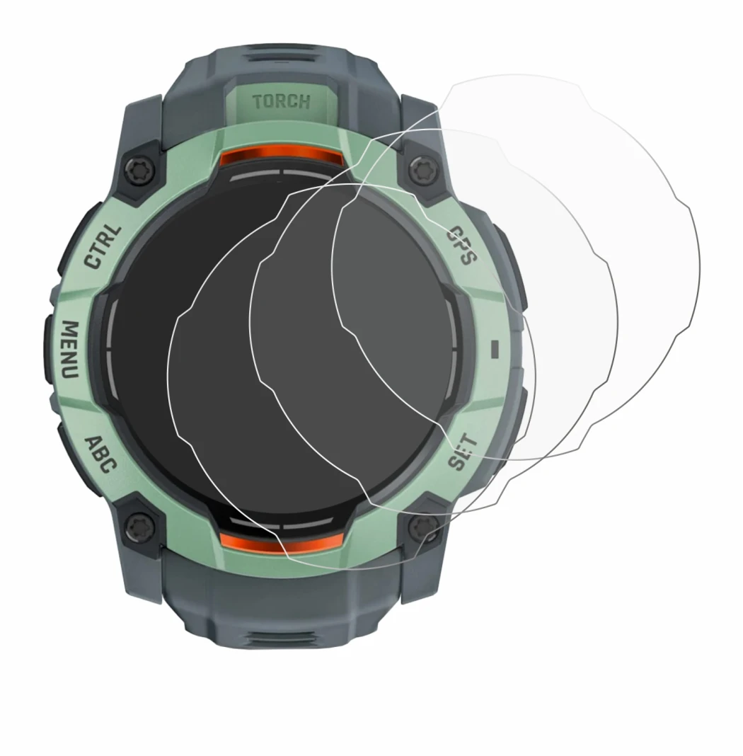 Immagine del dispositivo Garmin Instinct 3 AMOLED (45 mm) con un'ampia varietà di protezioni per lo schermo.