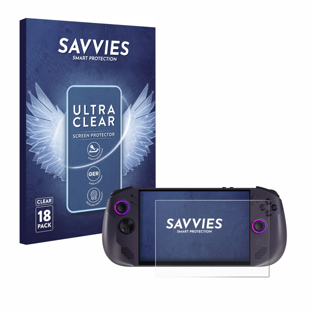 Parte frontale di una confezione del prodotto con il logo del marchio Savvies. Accanto è raffigurato il dispositivo Lenovo Leg