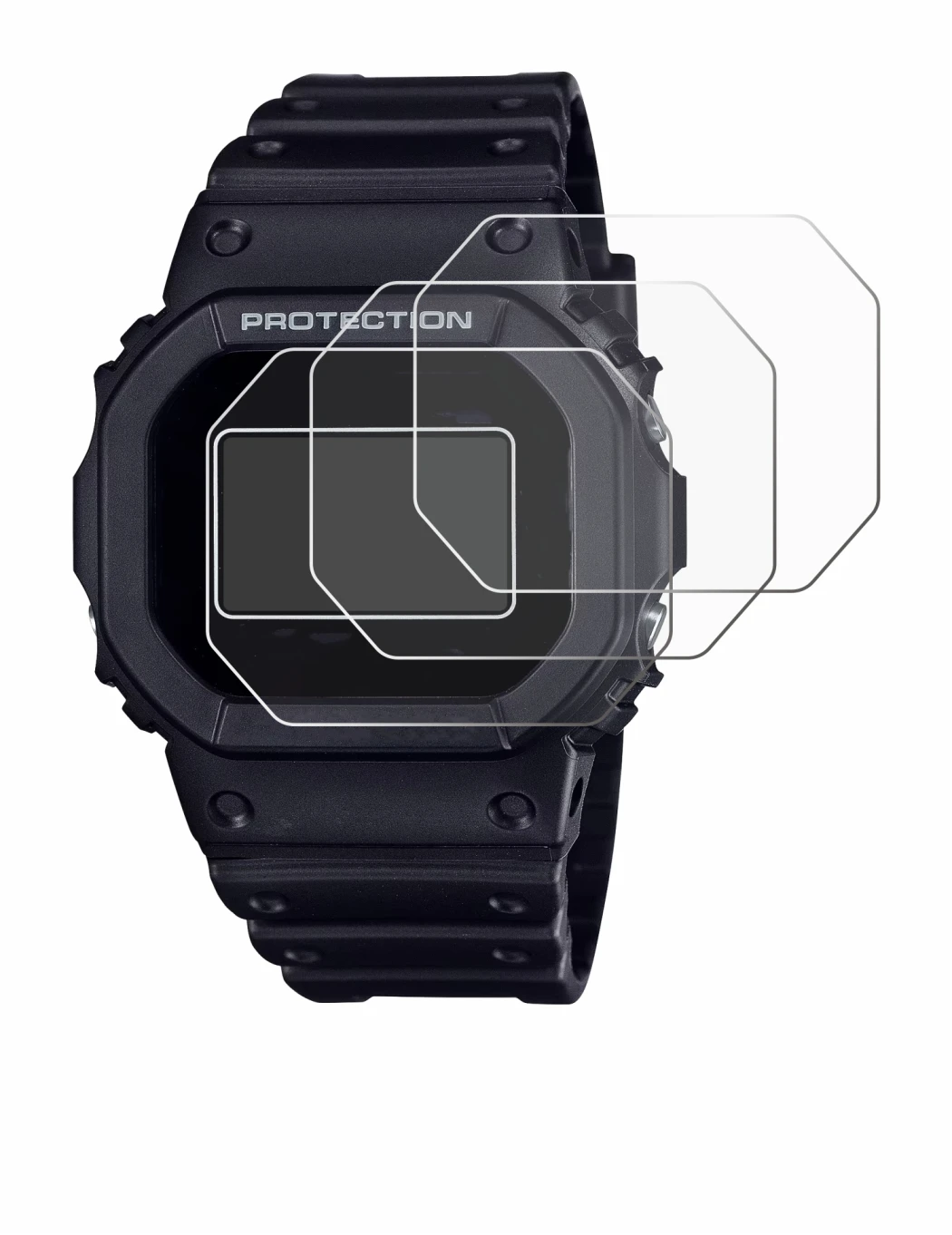 Immagine del dispositivo Casio G-Shock DW-5600RL-1 con un'ampia varietà di protezioni per lo schermo.