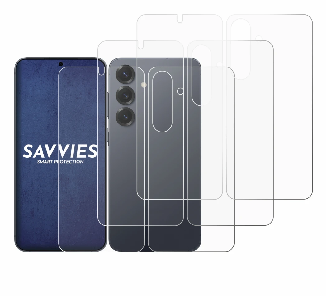 Immagine del dispositivo Samsung Galaxy S25 (Fronte+Retro) con un'ampia varietà di protezioni per lo schermo.