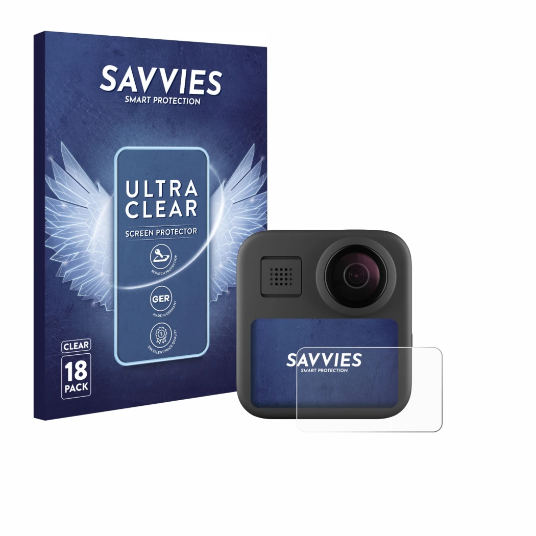 Parte frontale di una confezione del prodotto con il logo del marchio Savvies. Accanto è raffigurato il dispositivo GoPro Max 