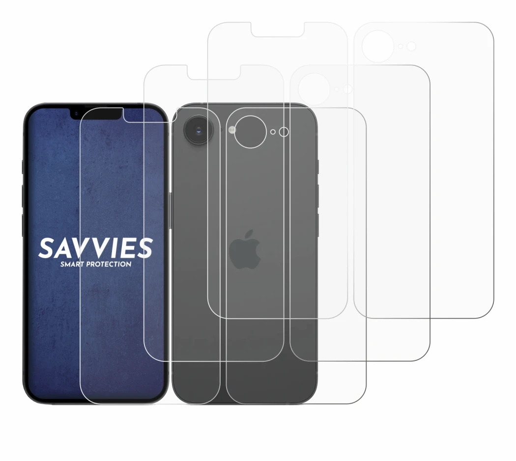 Immagine del dispositivo Apple iPhone 16e (Fronte+Retro) con un'ampia varietà di protezioni per lo schermo.