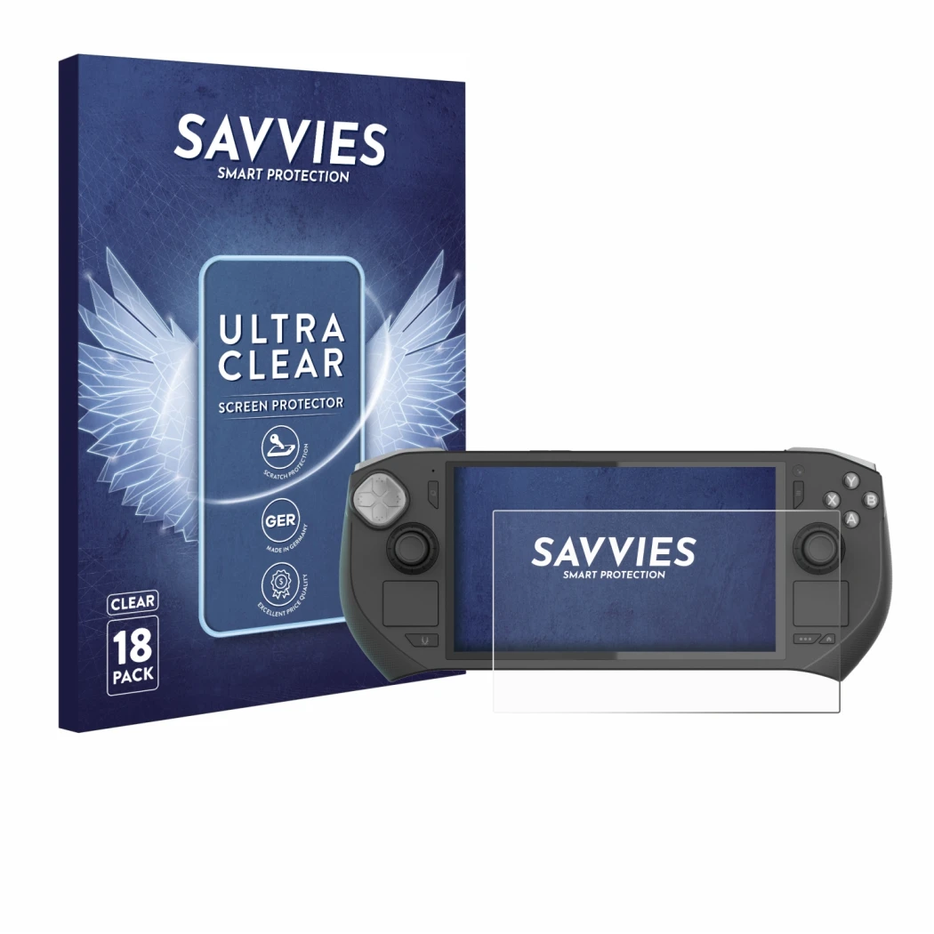 Parte frontale di una confezione del prodotto con il logo del marchio Savvies. Accanto è raffigurato il dispositivo Zotac Gami