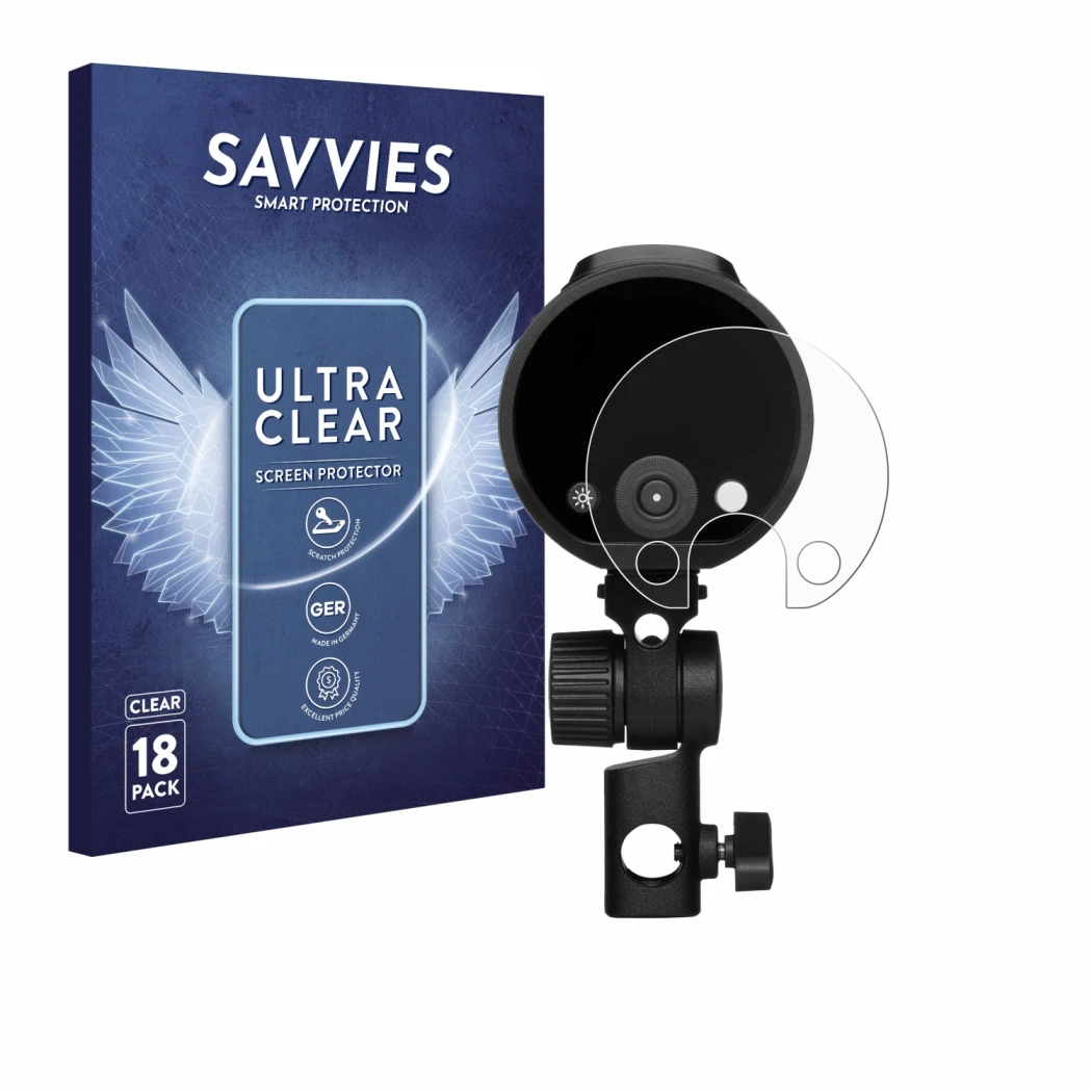 Parte frontale di una confezione del prodotto con il logo del marchio Savvies. Accanto è raffigurato il dispositivo Profoto A2