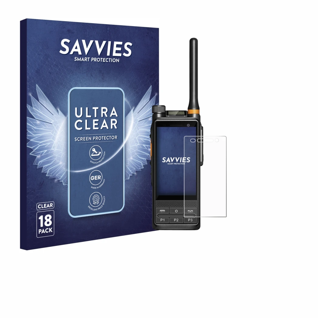 Parte frontale di una confezione del prodotto con il logo del marchio Savvies. Accanto è raffigurato il dispositivo Hytera PDC
