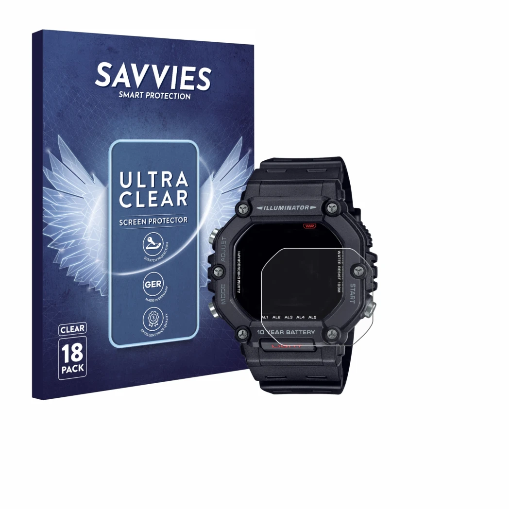 Parte frontale di una confezione del prodotto con il logo del marchio Savvies. Accanto è raffigurato il dispositivo Casio AE-1