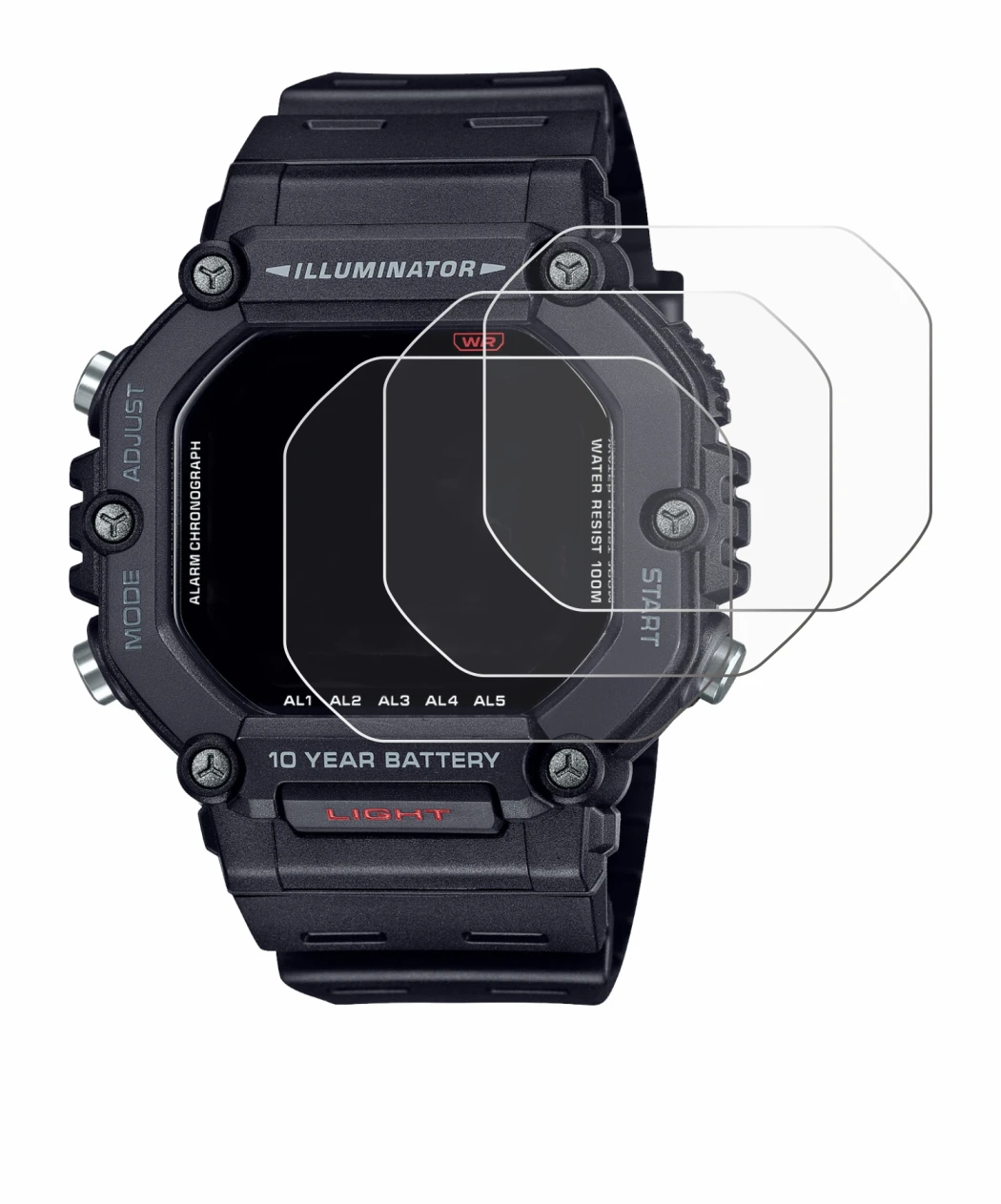 Immagine del dispositivo Casio AE-1600H con un'ampia varietà di protezioni per lo schermo.