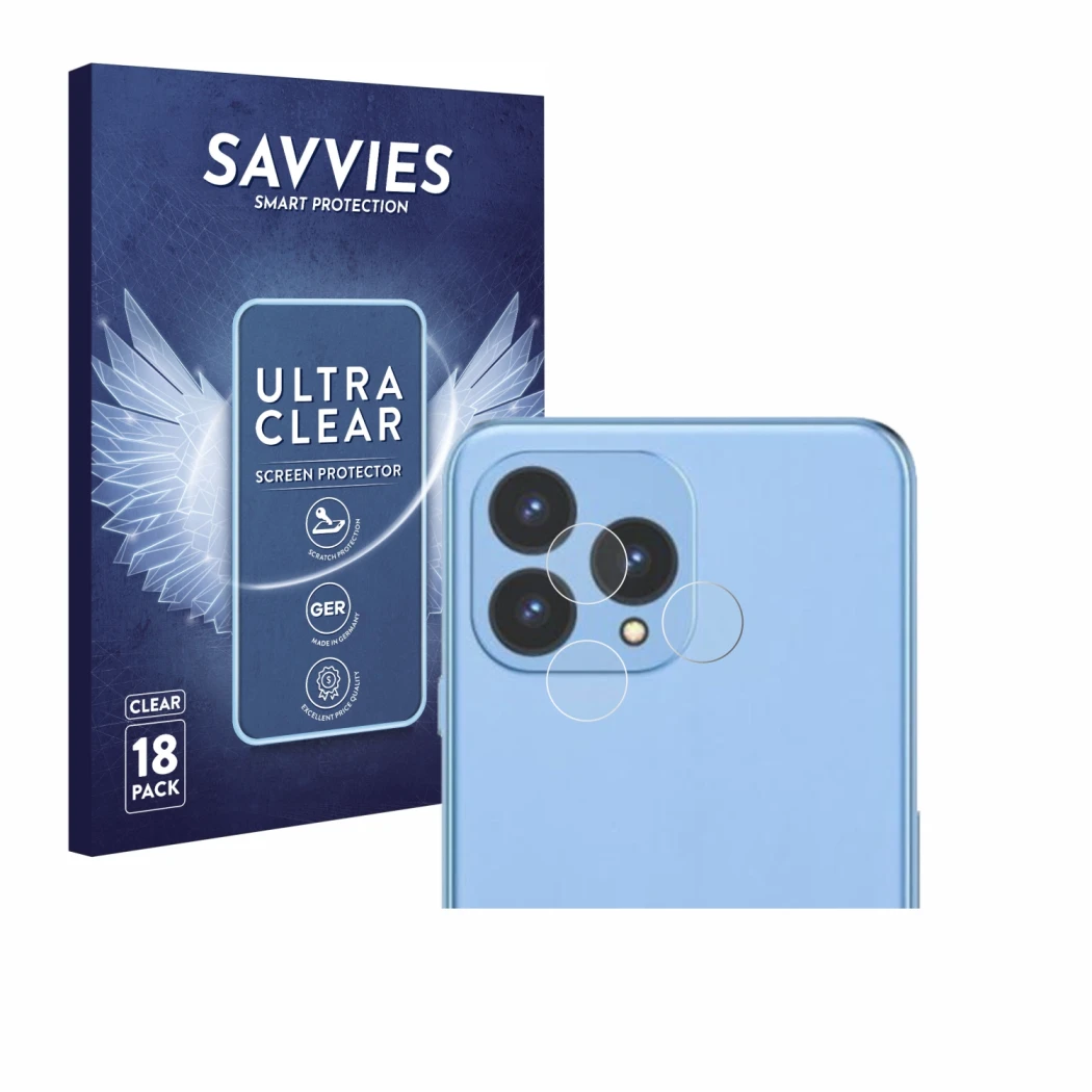 Parte frontale di una confezione del prodotto con il logo del marchio Savvies. Accanto è raffigurato il dispositivo Cubot P80 