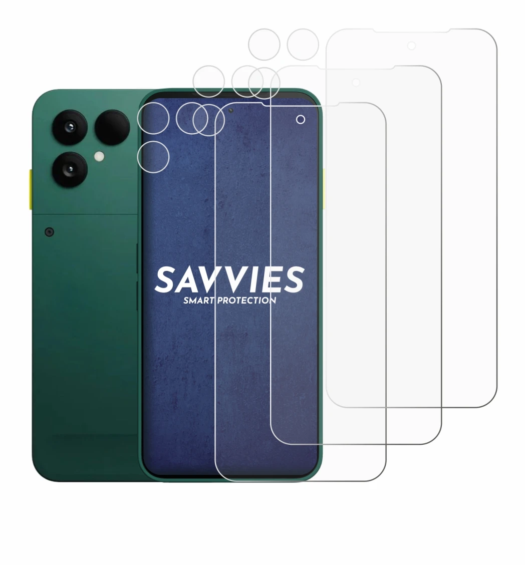 Immagine del dispositivo Fairphone 6 (Fronte+Fotocamera) con un'ampia varietà di protezioni per lo schermo.