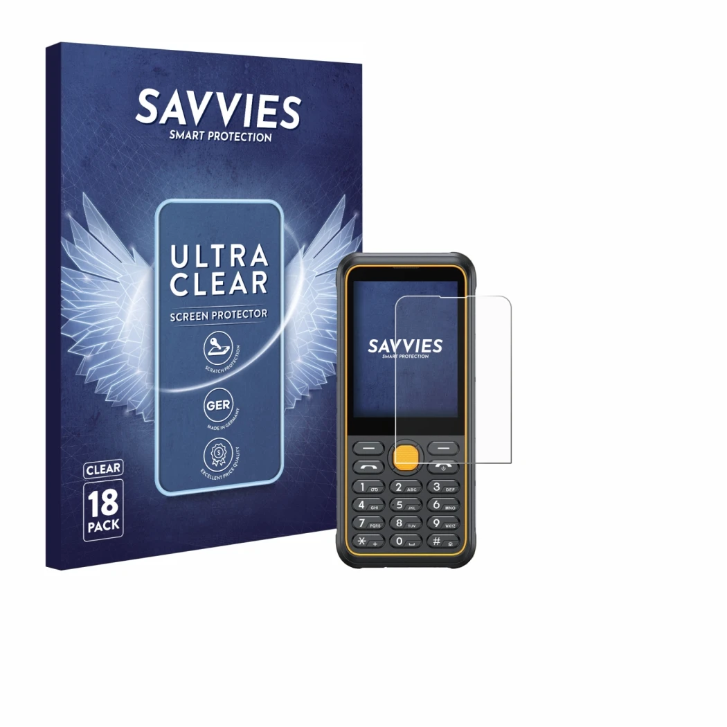 Parte frontale di una confezione del prodotto con il logo del marchio Savvies. Accanto è raffigurato il dispositivo Ulefone Ar