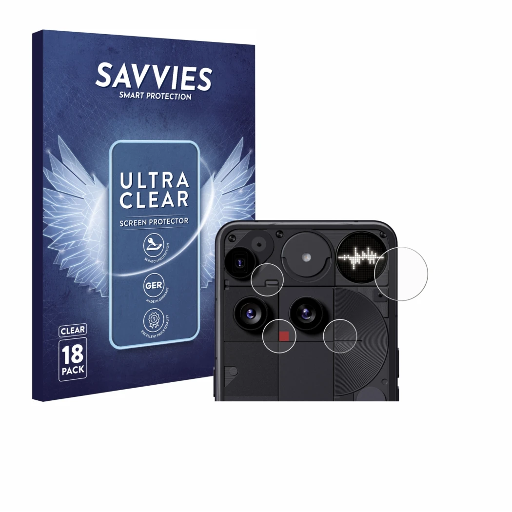 Parte frontale di una confezione del prodotto con il logo del marchio Savvies. Accanto è raffigurato il dispositivo Nothing Ph