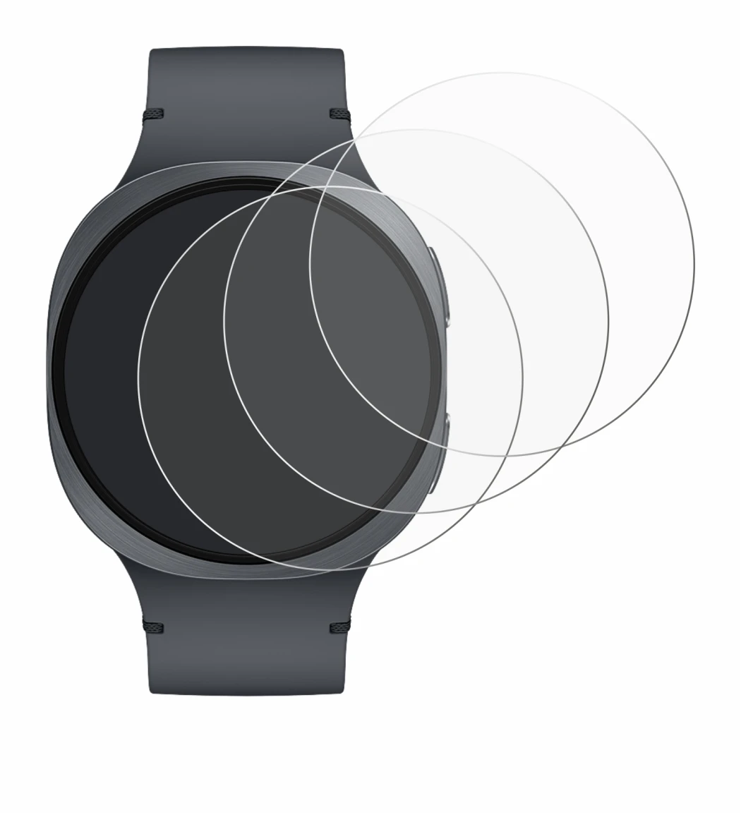 Immagine del dispositivo Samsung Galaxy Watch 8 (44 mm) con un'ampia varietà di protezioni per lo schermo.