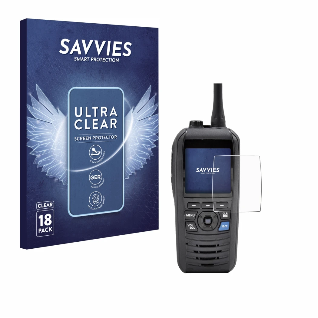 Parte frontale di una confezione del prodotto con il logo del marchio Savvies. Accanto è raffigurato il dispositivo Icom IC-M9