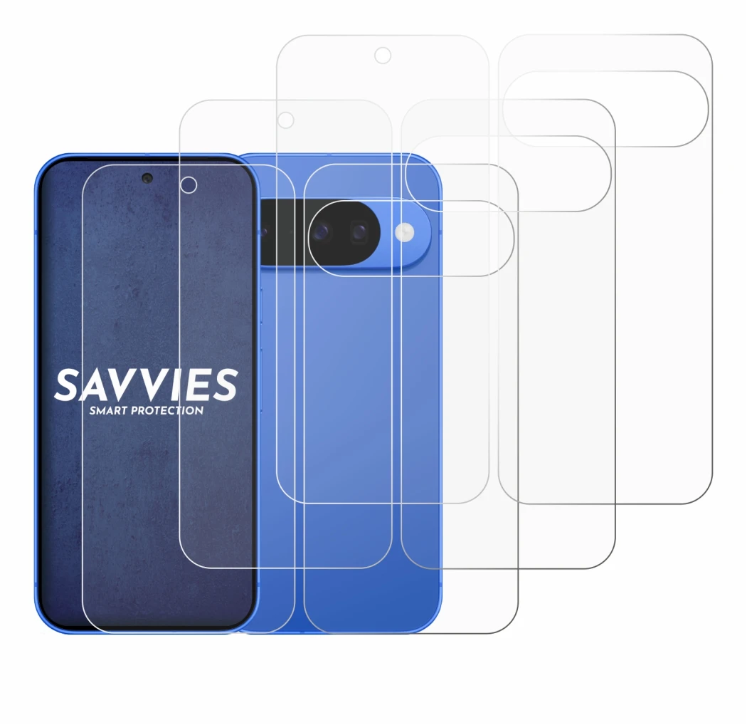 Immagine del dispositivo Google Pixel 10 (Fronte+Retro) con un'ampia varietà di protezioni per lo schermo.