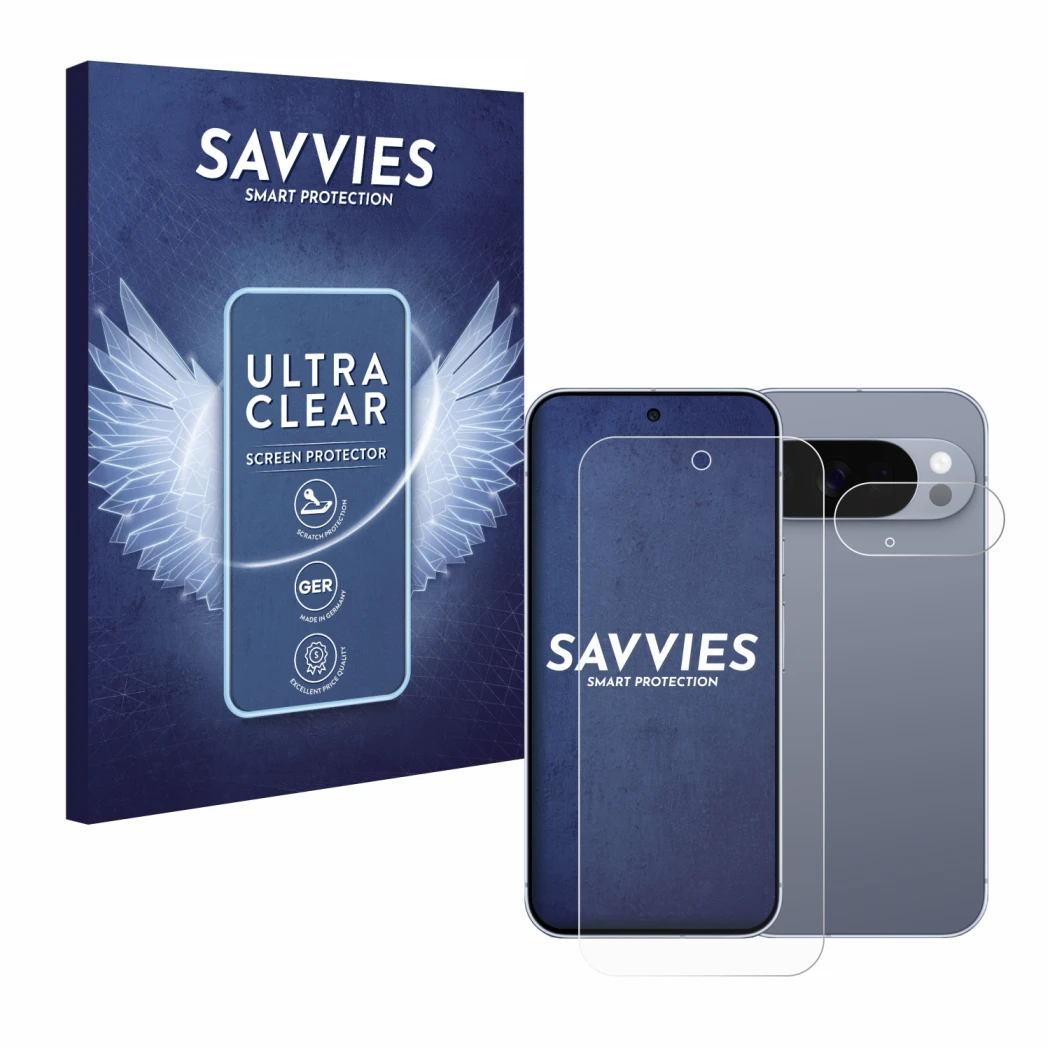 Parte frontale di una confezione del prodotto con il logo del marchio Savvies. Accanto è raffigurato il dispositivo Google Pix