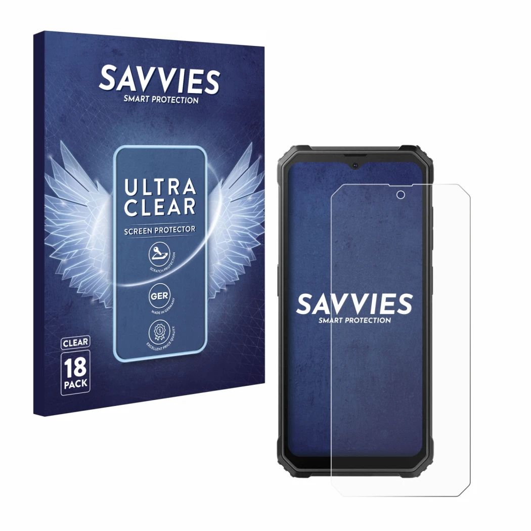 Parte frontale di una confezione del prodotto con il logo del marchio Savvies. Accanto è raffigurato il dispositivo Blackview 