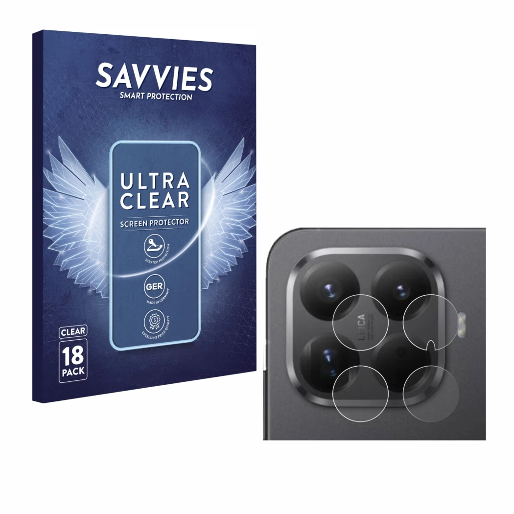 Parte frontale di una confezione del prodotto con il logo del marchio Savvies. Accanto è raffigurato il dispositivo Xiaomi 15T