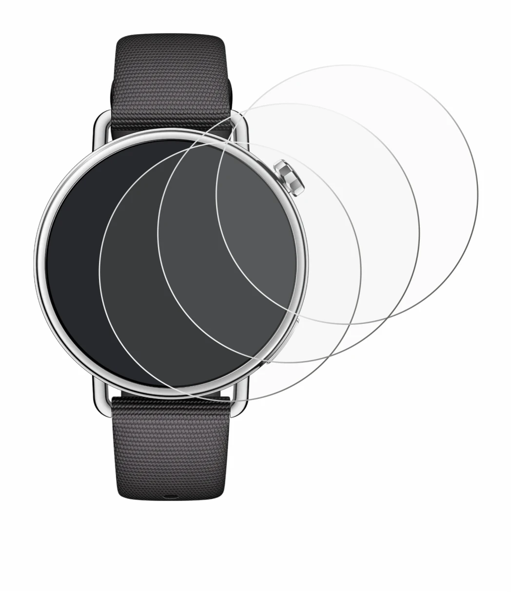 Immagine del dispositivo Xiaomi Watch S4 (41 mm) con un'ampia varietà di protezioni per lo schermo.