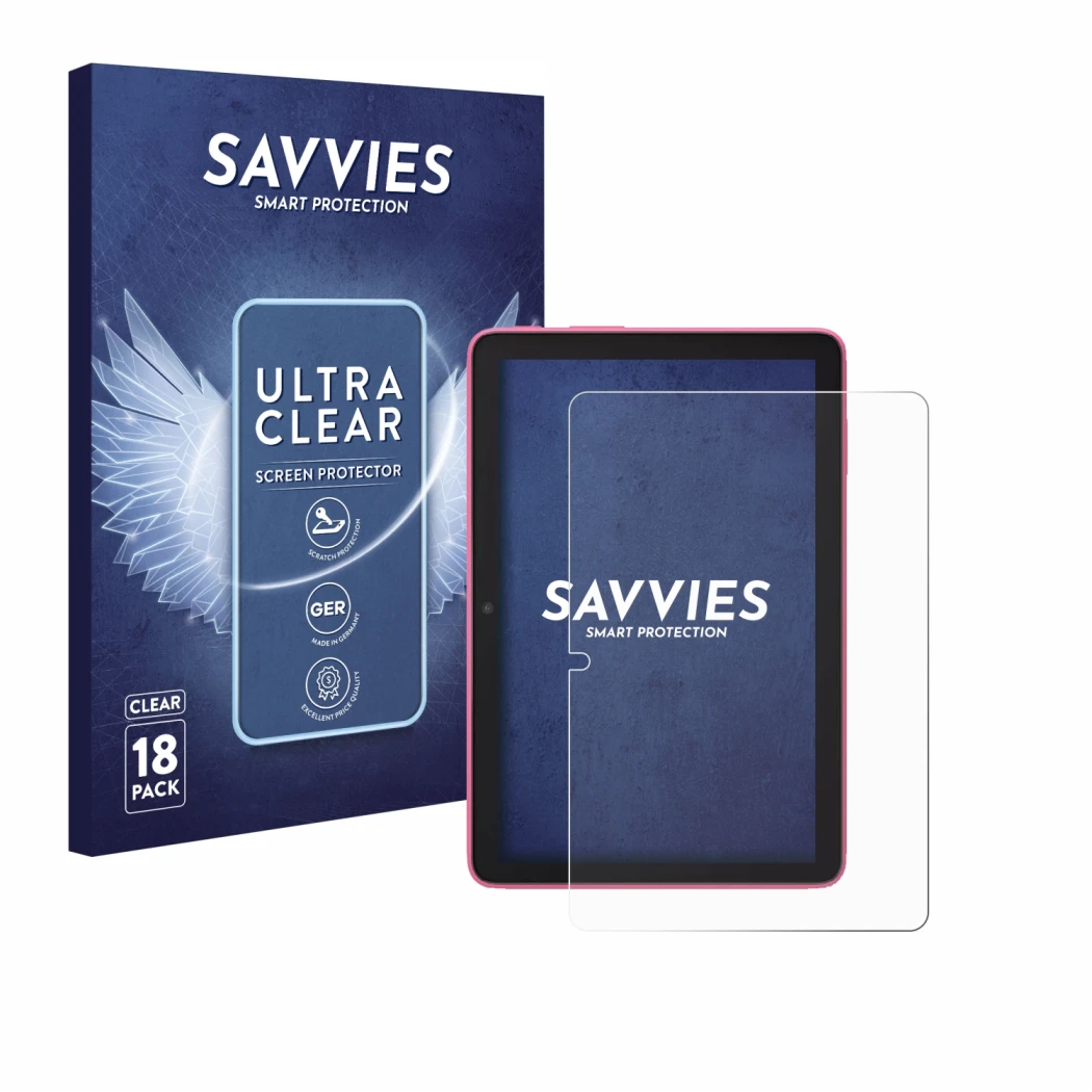 Parte frontale di una confezione del prodotto con il logo del marchio Savvies. Accanto è raffigurato il dispositivo Amazon Fir