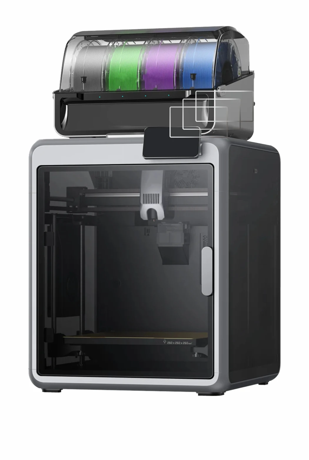 Immagine del dispositivo Creality K2 con un'ampia varietà di protezioni per lo schermo.
