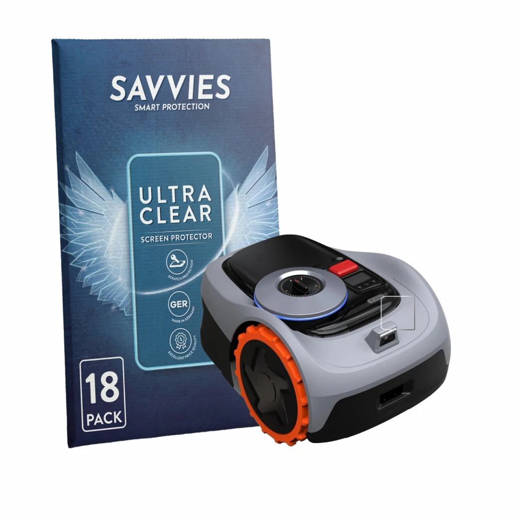 Parte frontale di una confezione del prodotto con il logo del marchio Savvies. Accanto è raffigurato il dispositivo Navimow i1
