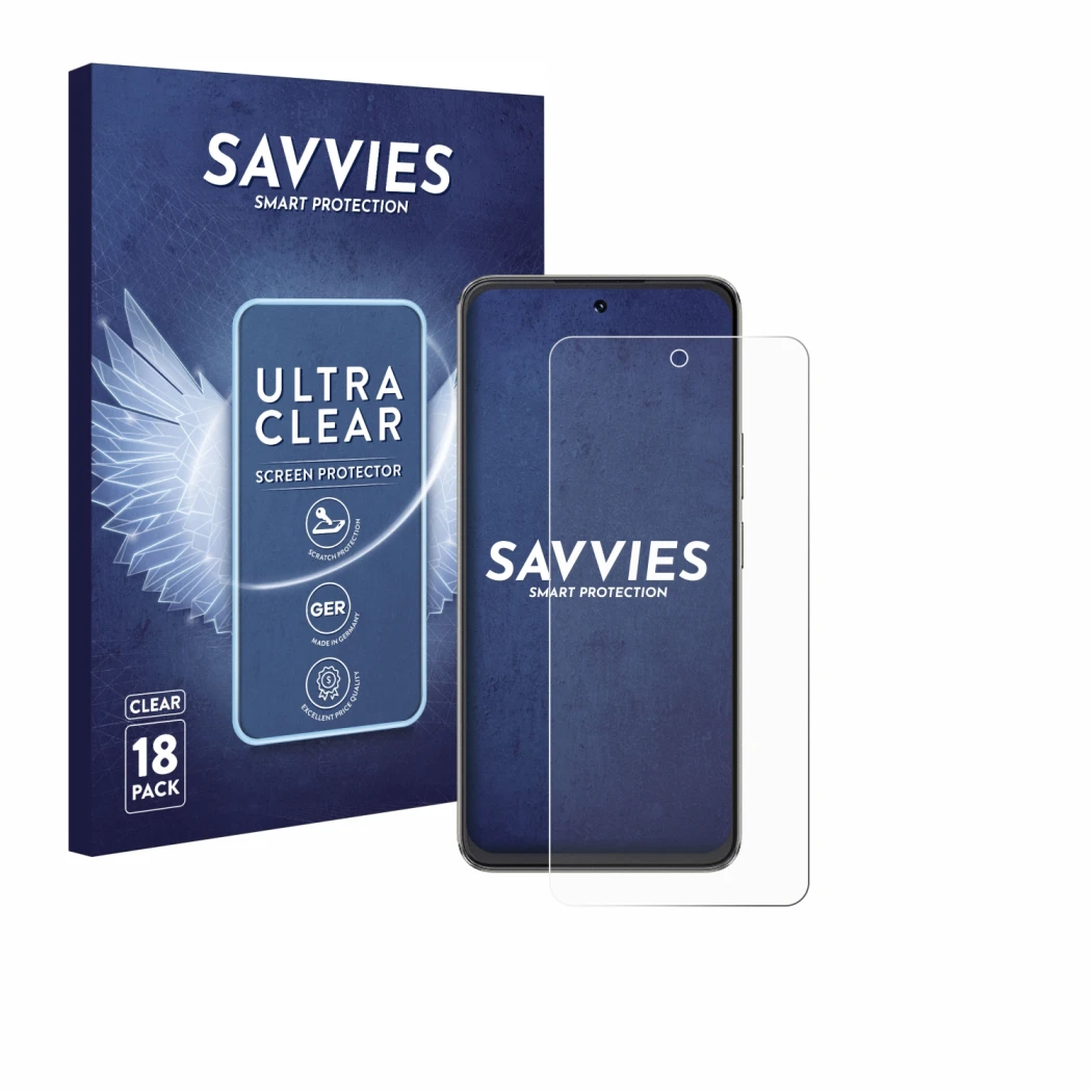 Parte frontale di una confezione del prodotto con il logo del marchio Savvies. Accanto è raffigurato il dispositivo Cubot Note