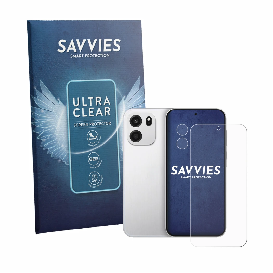 Parte frontale di una confezione del prodotto con il logo del marchio Savvies. Accanto è raffigurato il dispositivo OnePlus Tu