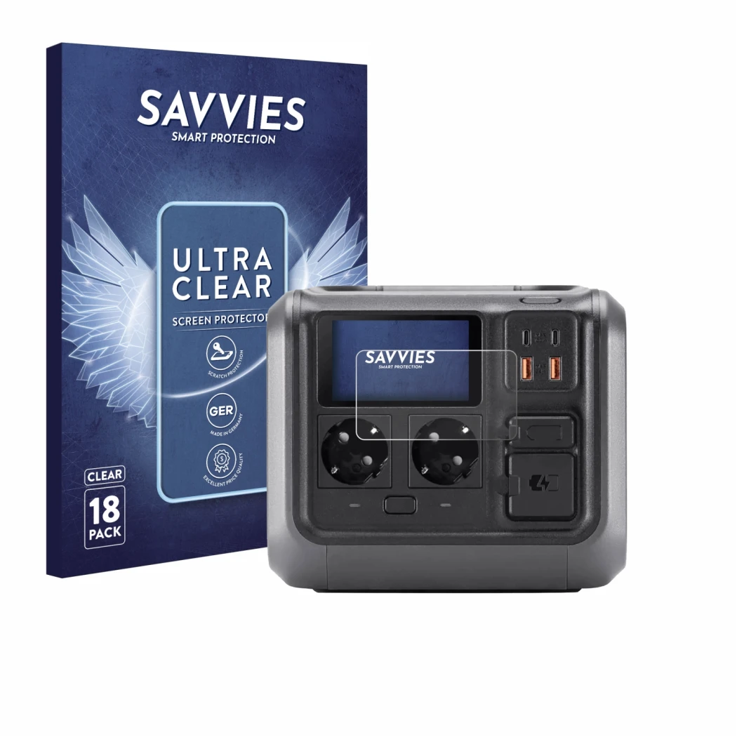 Parte frontale di una confezione del prodotto con il logo del marchio Savvies. Accanto è raffigurato il dispositivo DJI Power 