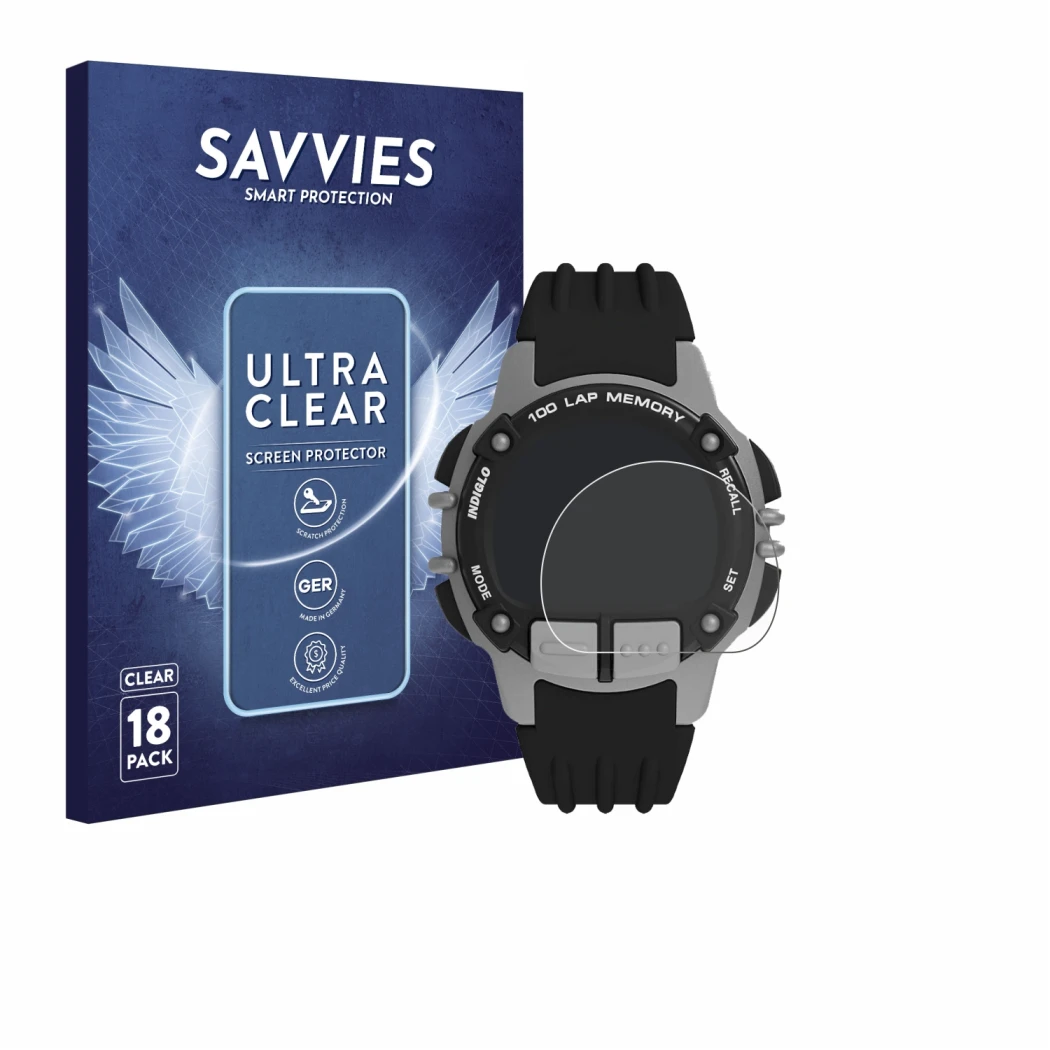 Parte frontale di una confezione del prodotto con il logo del marchio Savvies. Accanto è raffigurato il dispositivo Timex Iron