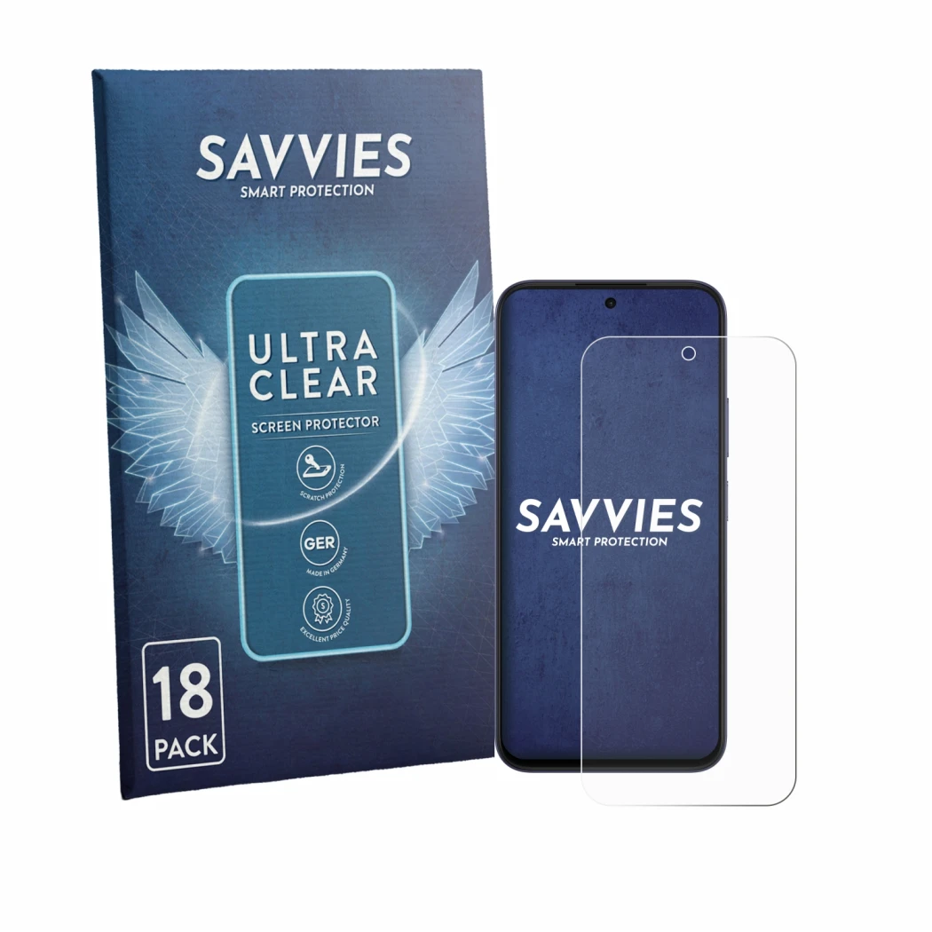 Parte frontale di una confezione del prodotto con il logo del marchio Savvies. Accanto è raffigurato il dispositivo Oppo A6k c