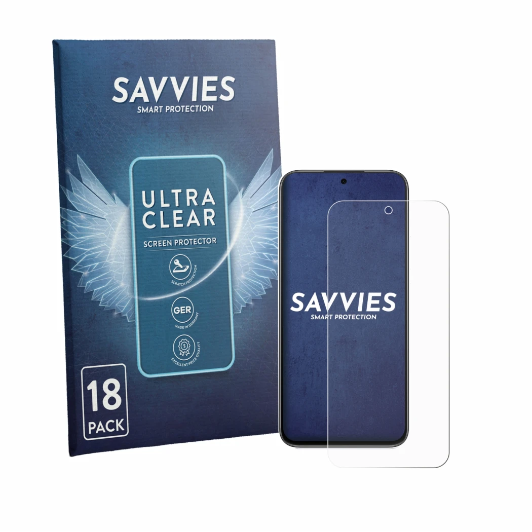 Parte frontale di una confezione del prodotto con il logo del marchio Savvies. Accanto è raffigurato il dispositivo Oppo K14 c
