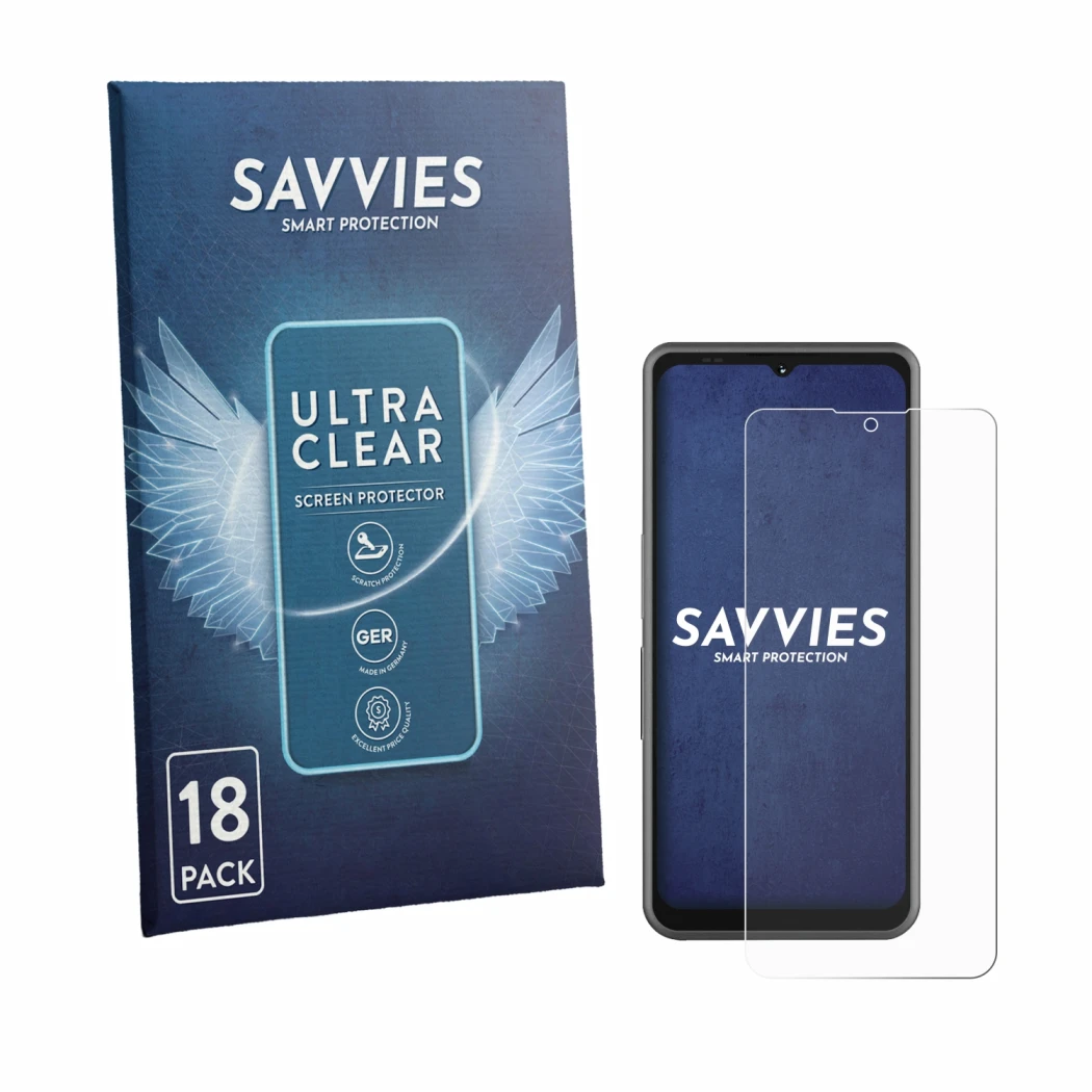 Parte frontale di una confezione del prodotto con il logo del marchio Savvies. Accanto è raffigurato il dispositivo Sonim XP P